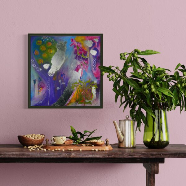 Abstract foxglove artwork above a shelf