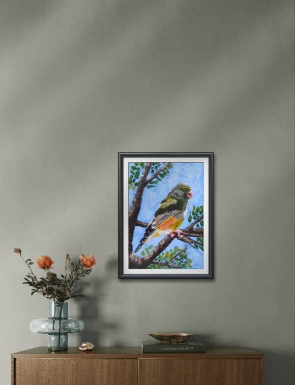 Greenfinch painting on a wall