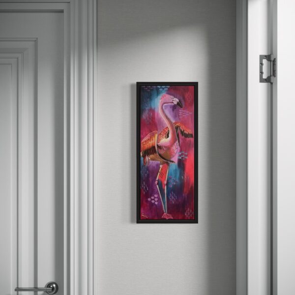 Flamingo art in a white hall
