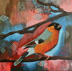 Bullfinch sitting on a branch environmental art