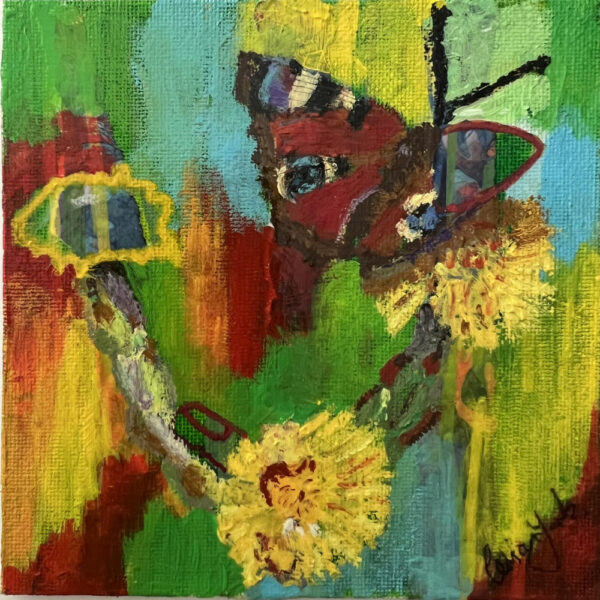 Peacock butterfly on coltsfoot flower art