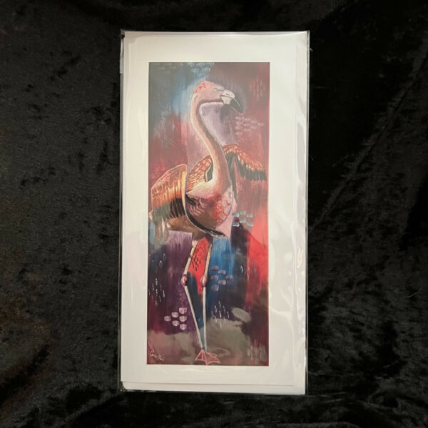 Flamingo art card against black background