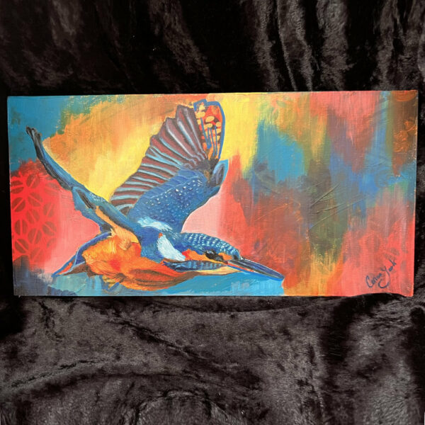 Original Kingfisher art for sale displayed on a black velvet background