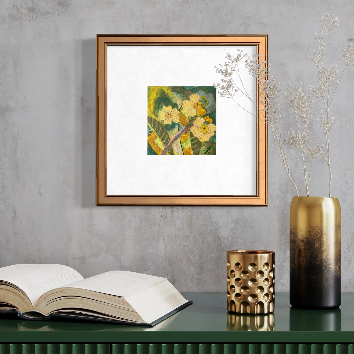 Primrose art above book on a shelf