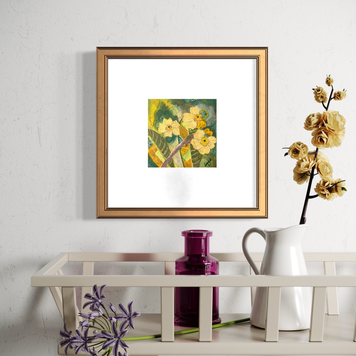Primrose art above shelf with flower arrangement