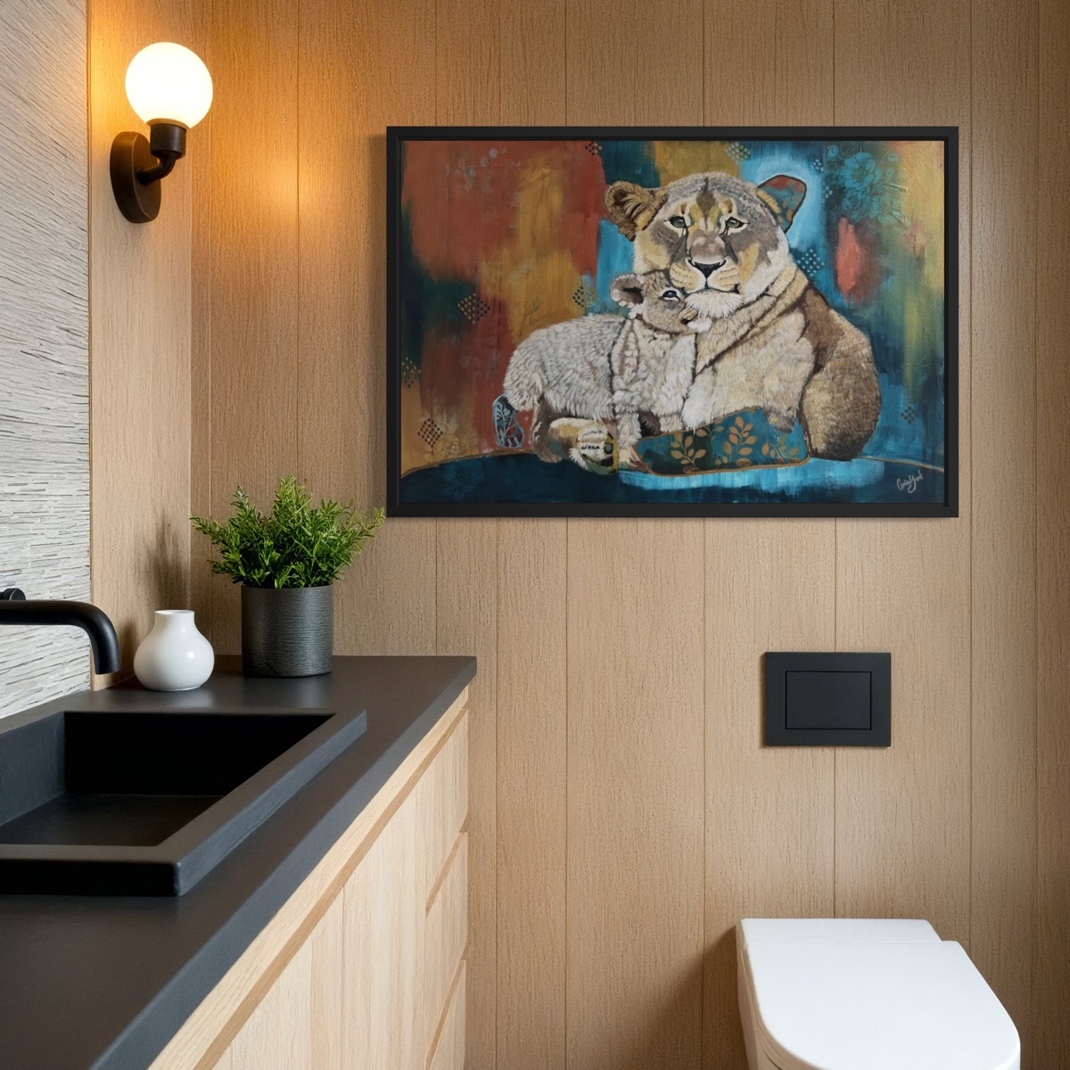 lion mother and cub art on a wall