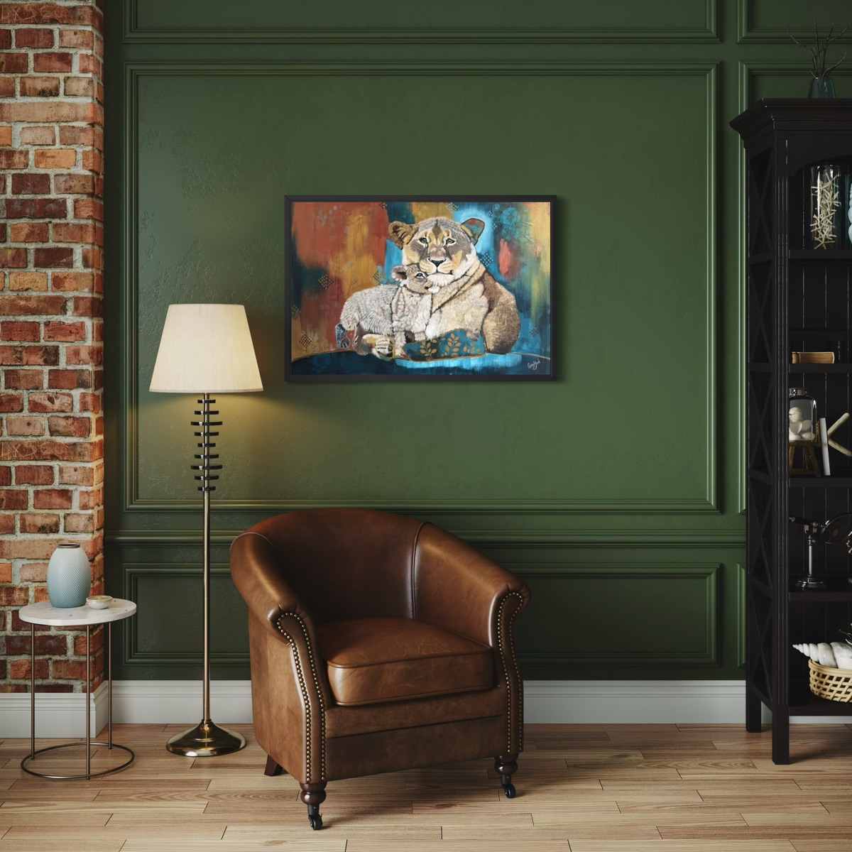 Lion mother and cub art on a green wall