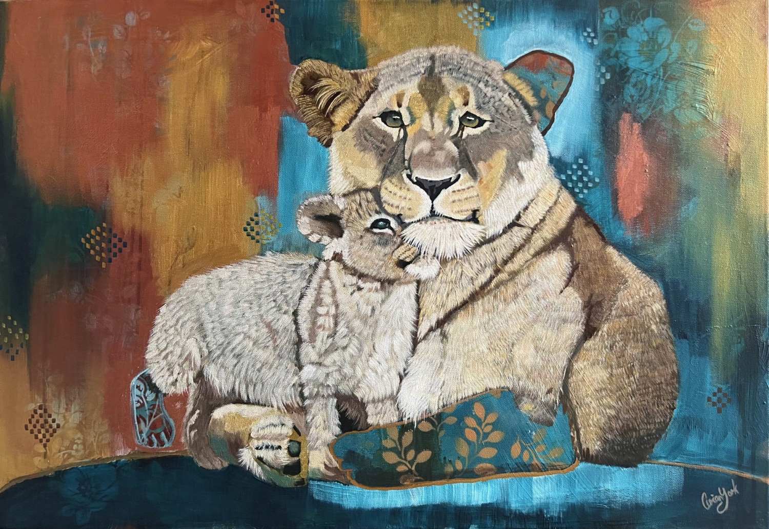 Lion mother and cub art